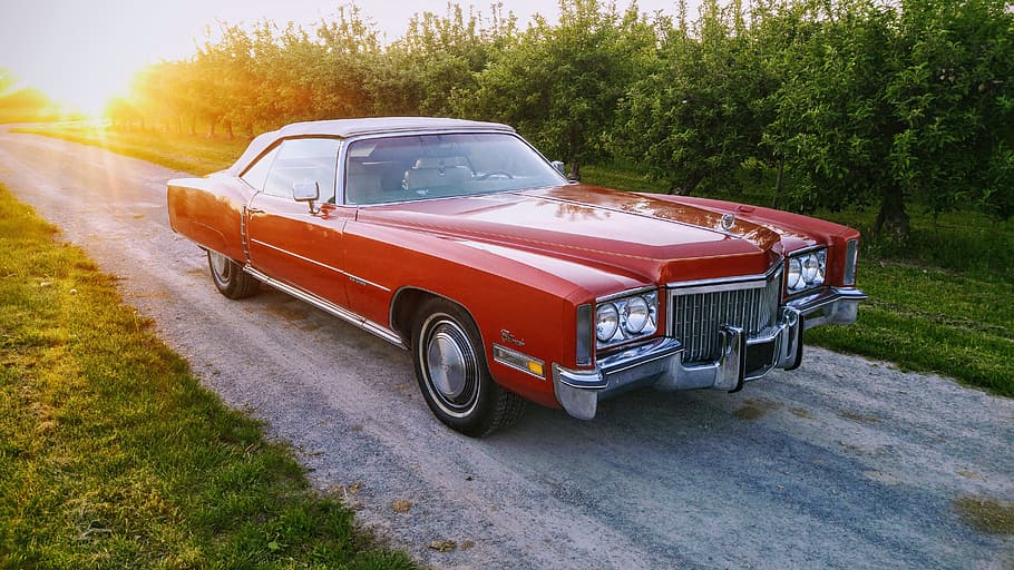 red, coupe, parked, sidewalk, auto, cadillac, eldorado, us car ...