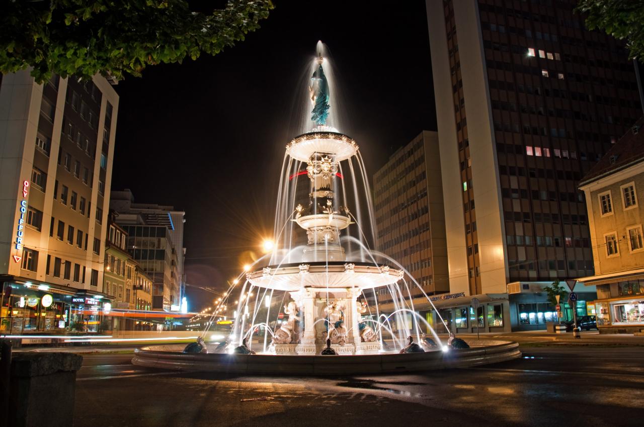 Grand Fountain Lighted at Night in La Chaux De Fonds, Switzerland ...