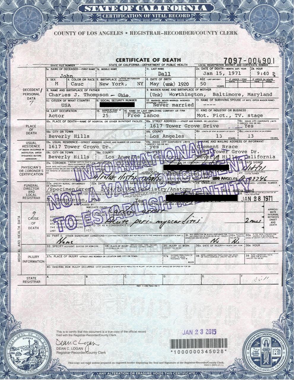 美国死亡纸样本，California Death Certificates